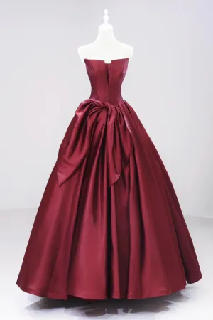 Burgundy Strapless Satin Long Prom Dress, Beautiful A-Line Evening Party Dress