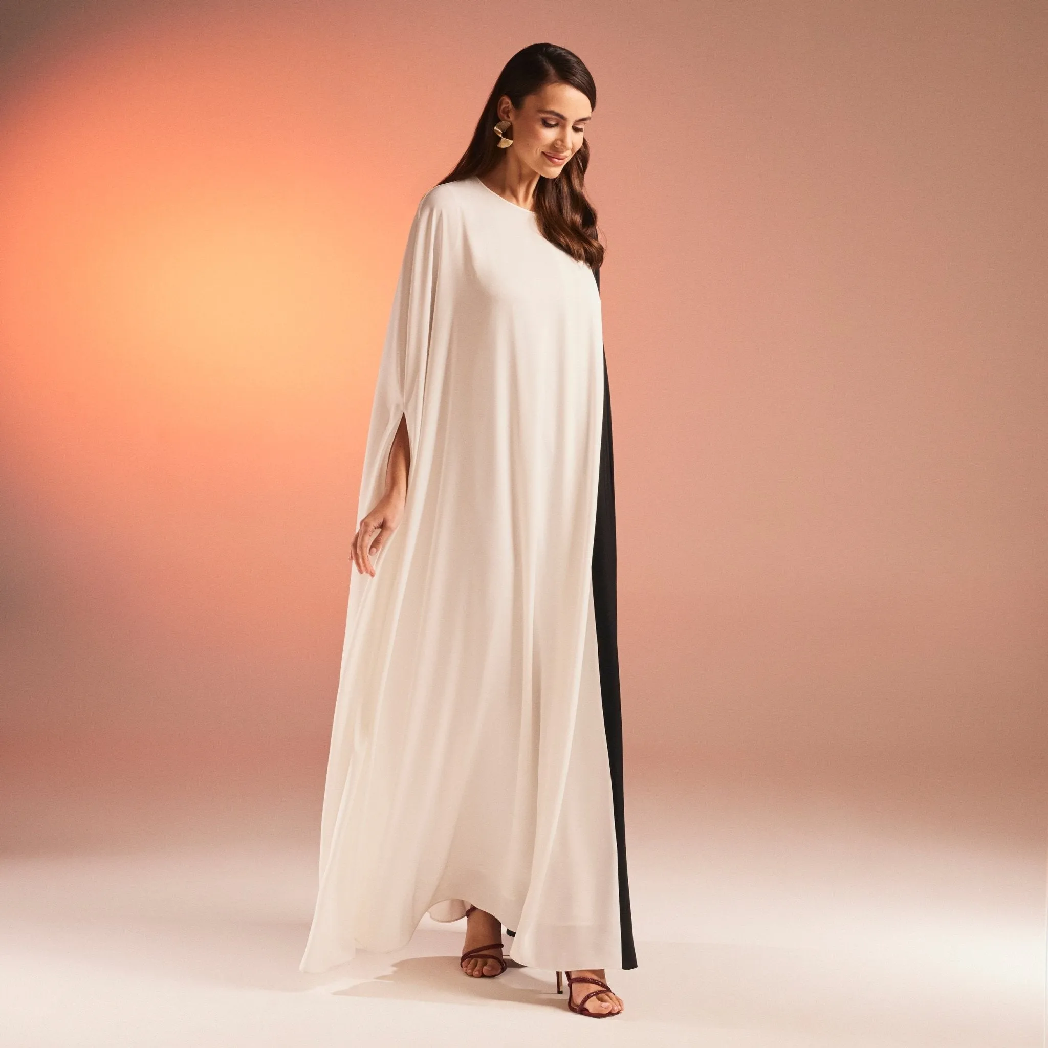 Cape-Effect Draped Satin Kaftan