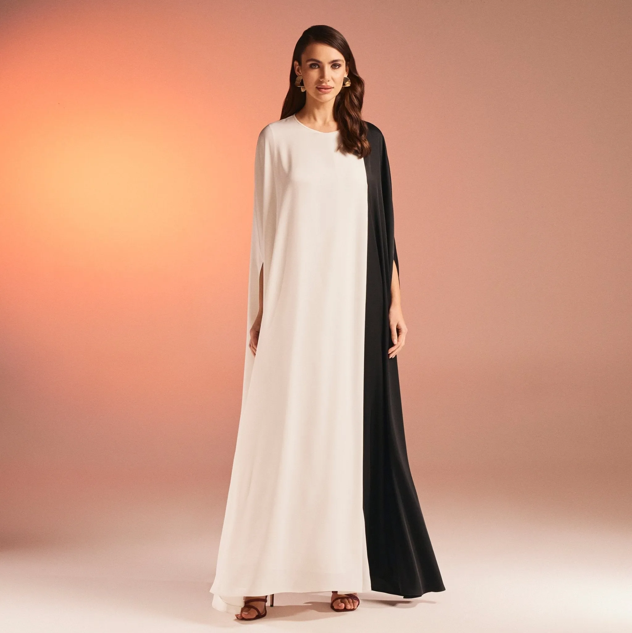 Cape-Effect Draped Satin Kaftan
