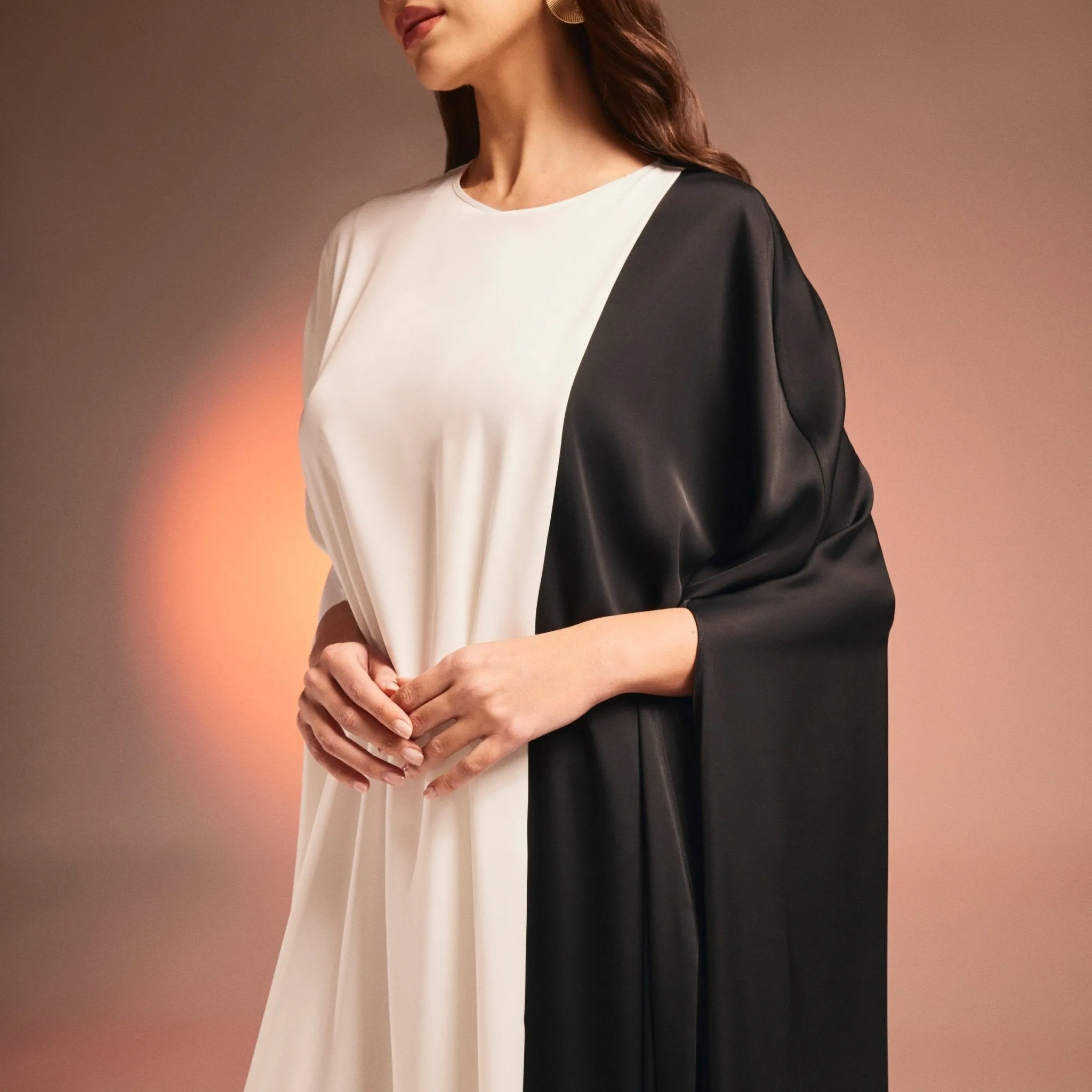 Cape-Effect Draped Satin Kaftan