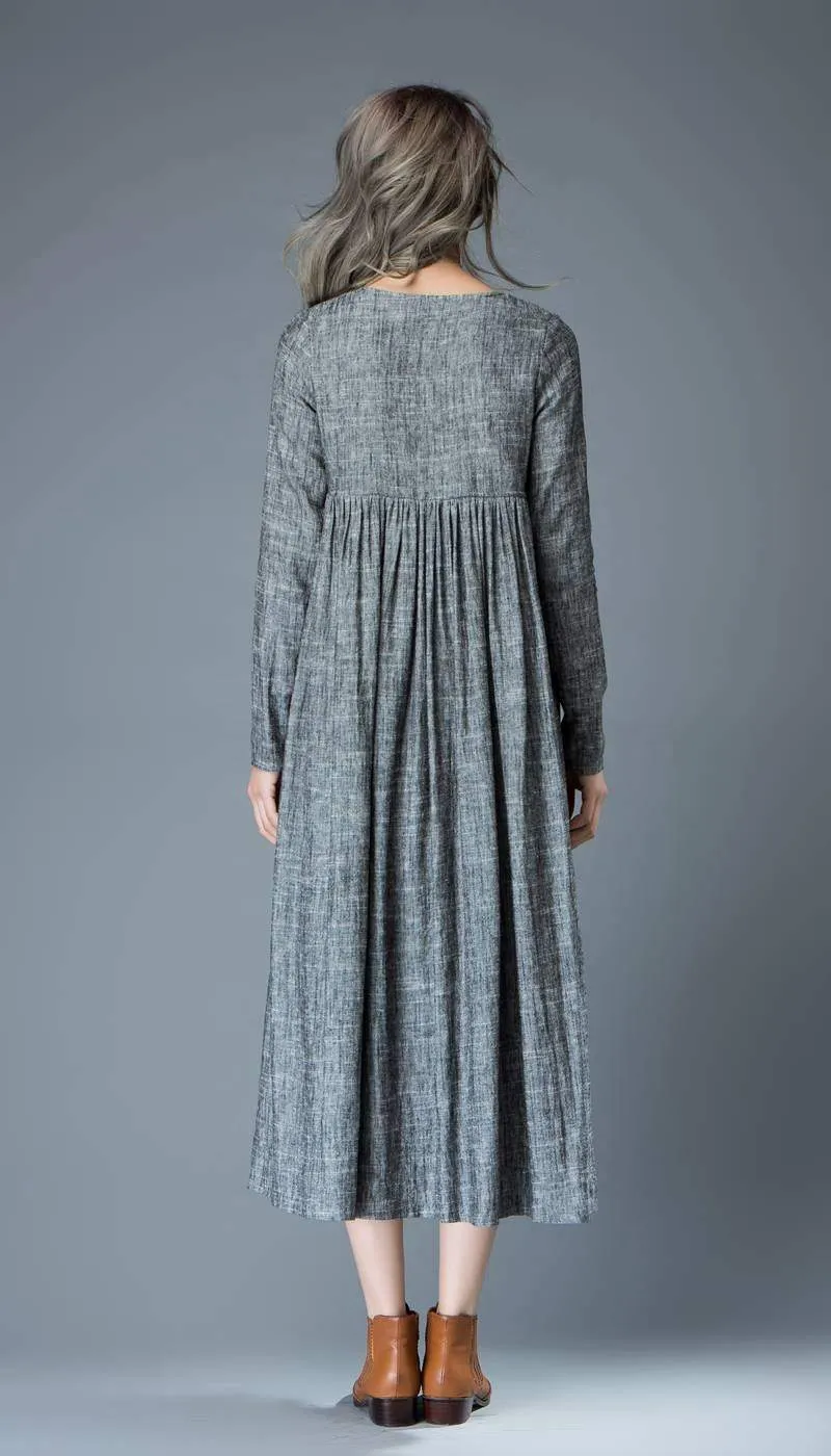 Casual Gray Dress - Comfortable Linen Loose-Fitting Long Sleeved Everday Marl Grey Midi-Length Woman's Dress C808