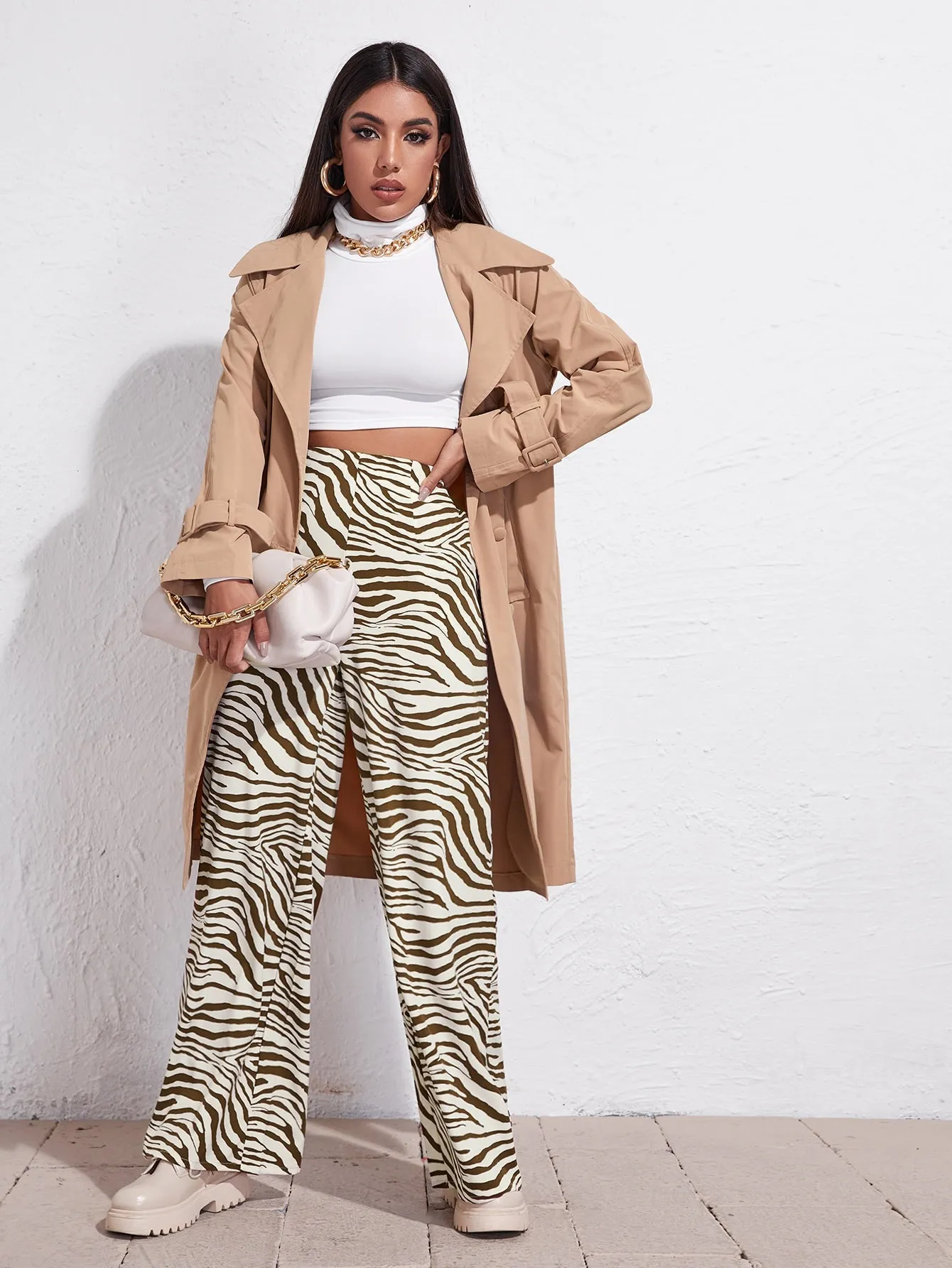 Casual Zebra Stripe Zipper High Waist Long Women Pants