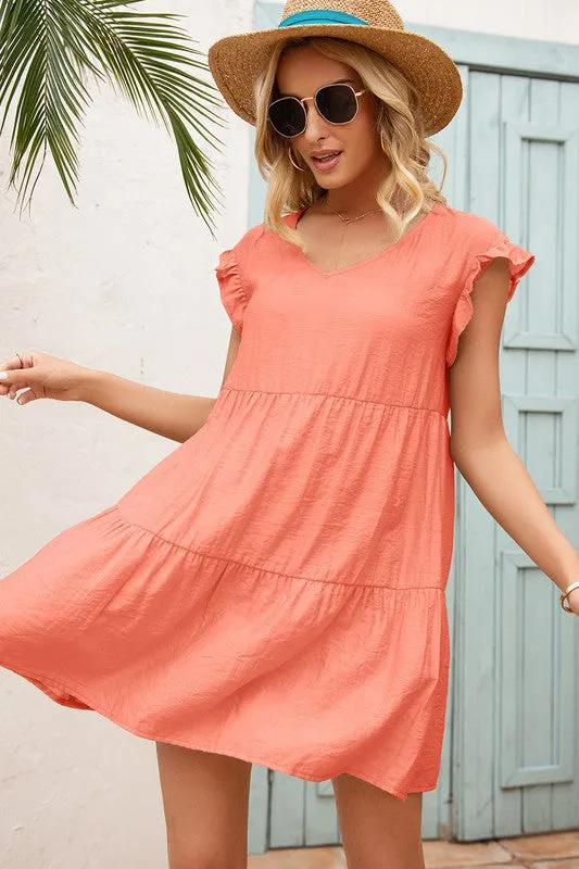 Coral V-Neck Flutter Sleeve Dress