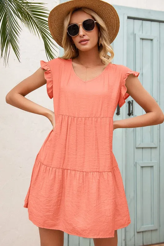 Coral V-Neck Flutter Sleeve Dress