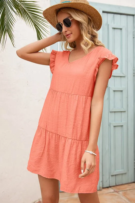 Coral V-Neck Flutter Sleeve Dress