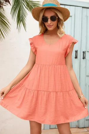 Coral V-Neck Flutter Sleeve Dress