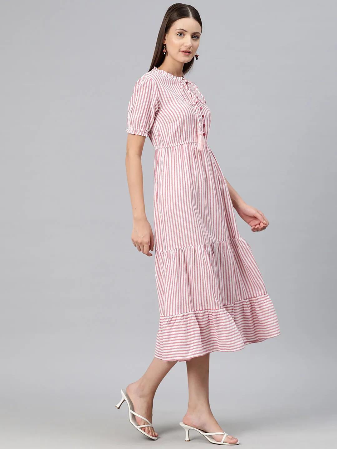 Cottinfab Women Striped Tie-Up Neck A-Line Midi Dress
