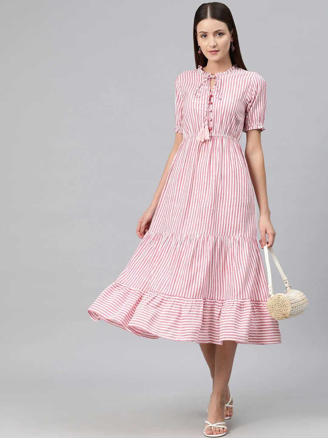 Cottinfab Women Striped Tie-Up Neck A-Line Midi Dress