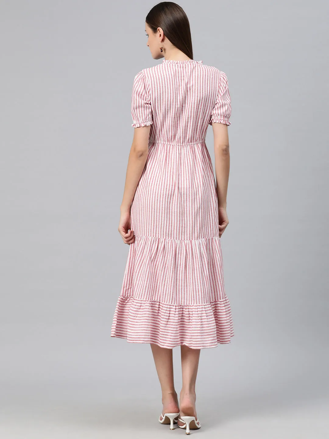 Cottinfab Women Striped Tie-Up Neck A-Line Midi Dress