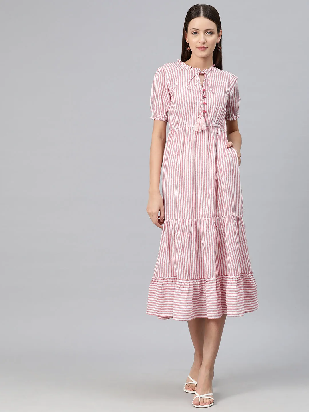 Cottinfab Women Striped Tie-Up Neck A-Line Midi Dress