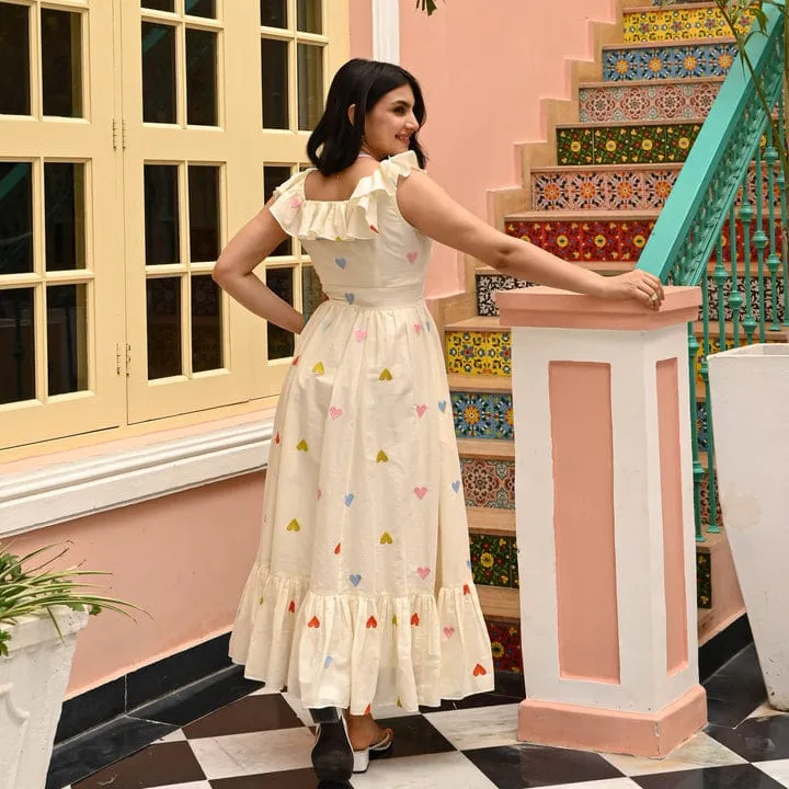Cream Frill Dress - Crafted from Cotton with Allover Heart Print