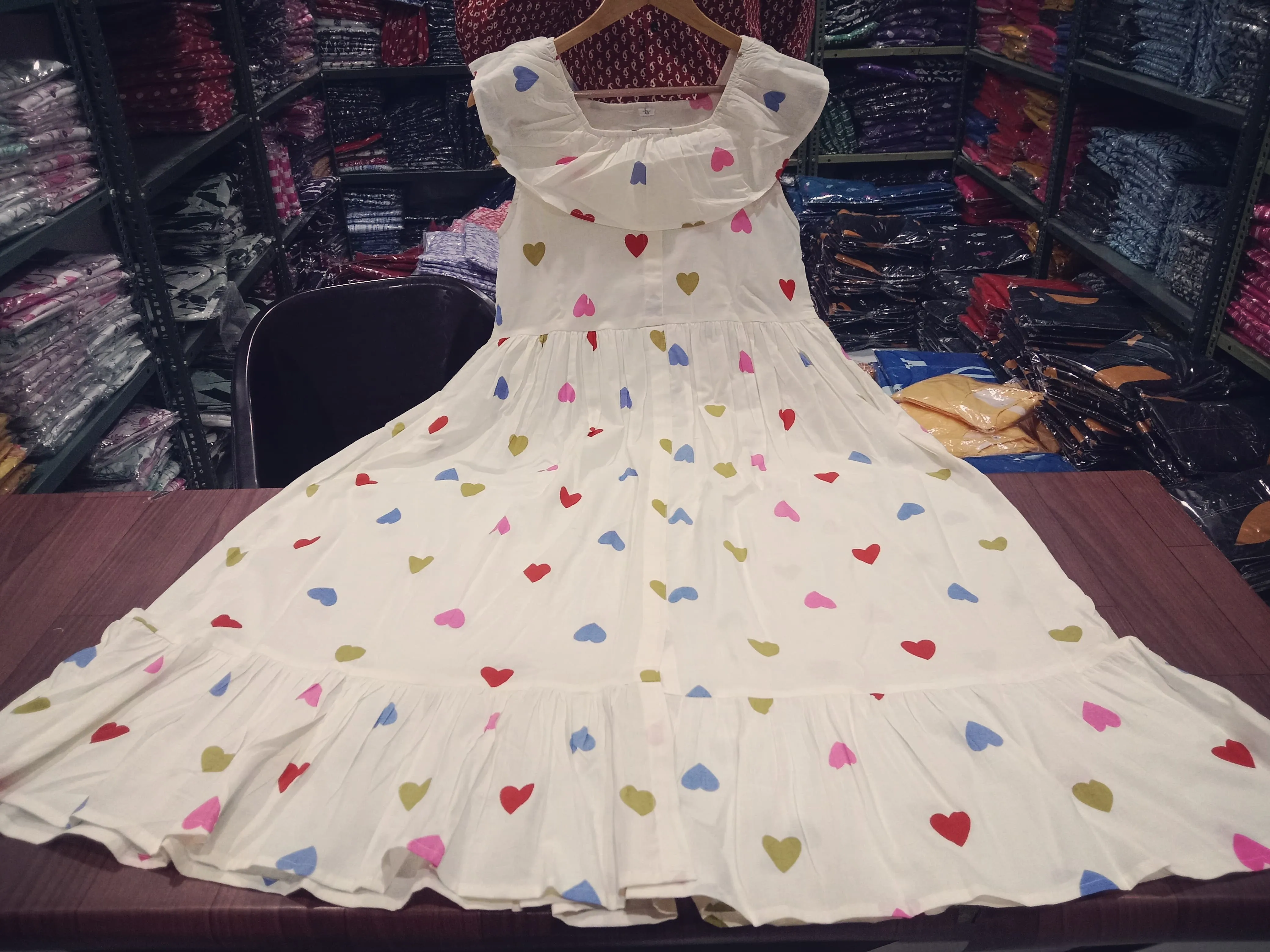 Cream Frill Dress - Crafted from Cotton with Allover Heart Print