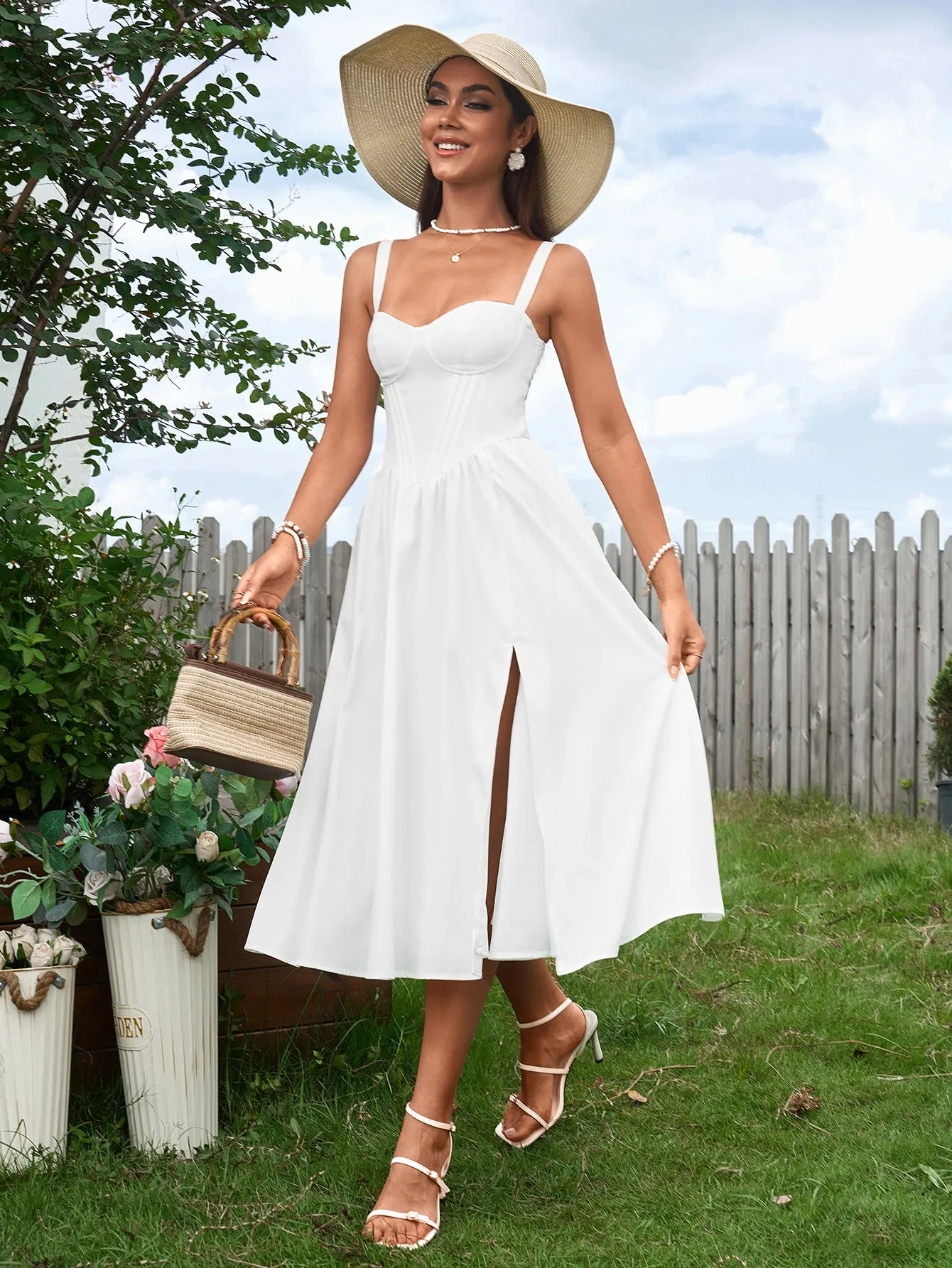 Crisscross Tie Back Ruched Corset Split Dress