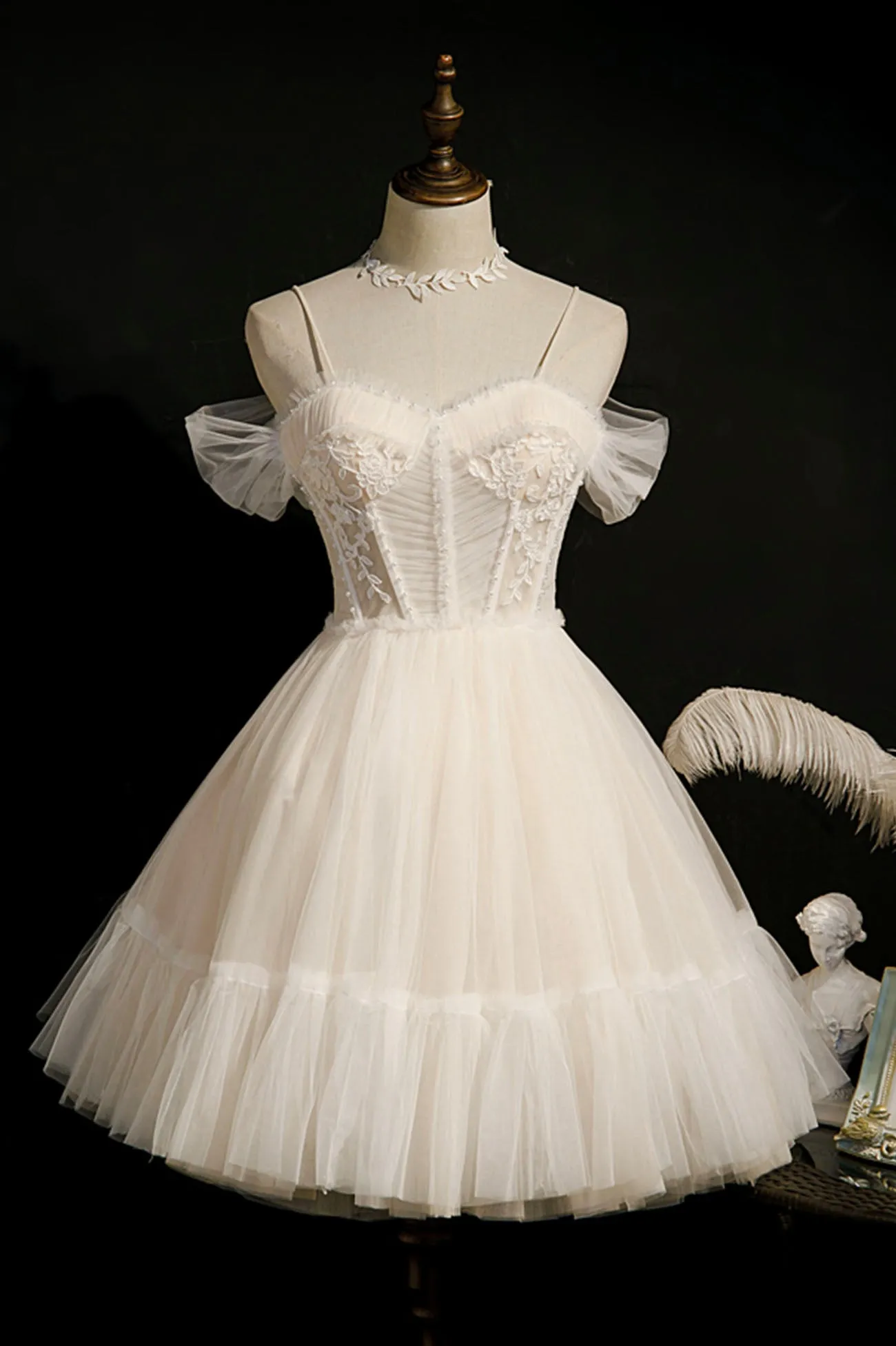 Cute Spaghetti Strap Tulle Lace Short Prom Dress, Off the Shoulder Party Dress