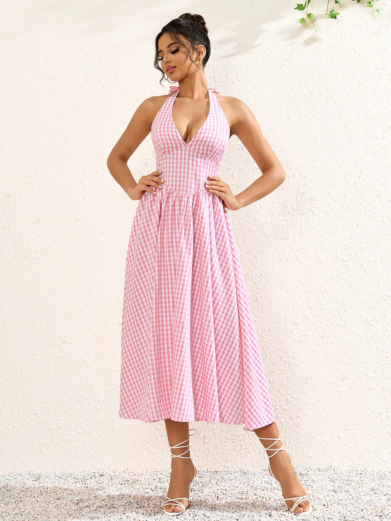 Deep V-Neck Halter Plaid Print Dress