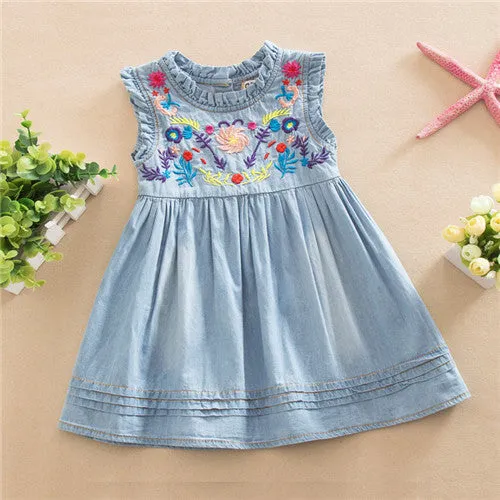 Denim Embroidered Summer Dress, Size 2-6 Yrs