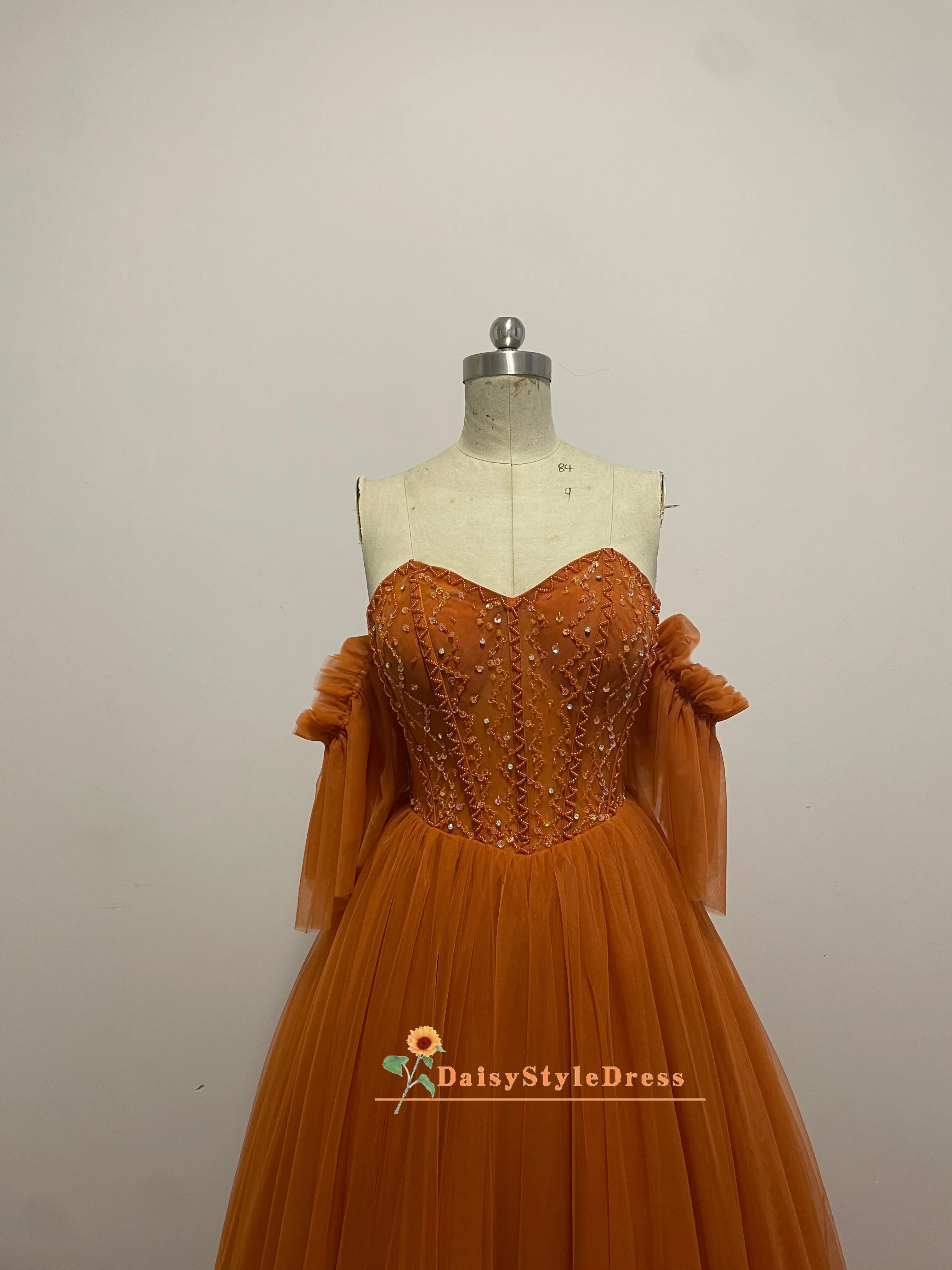 Detachable Sleeve Ball Gown Coffee Brown Prom Dress