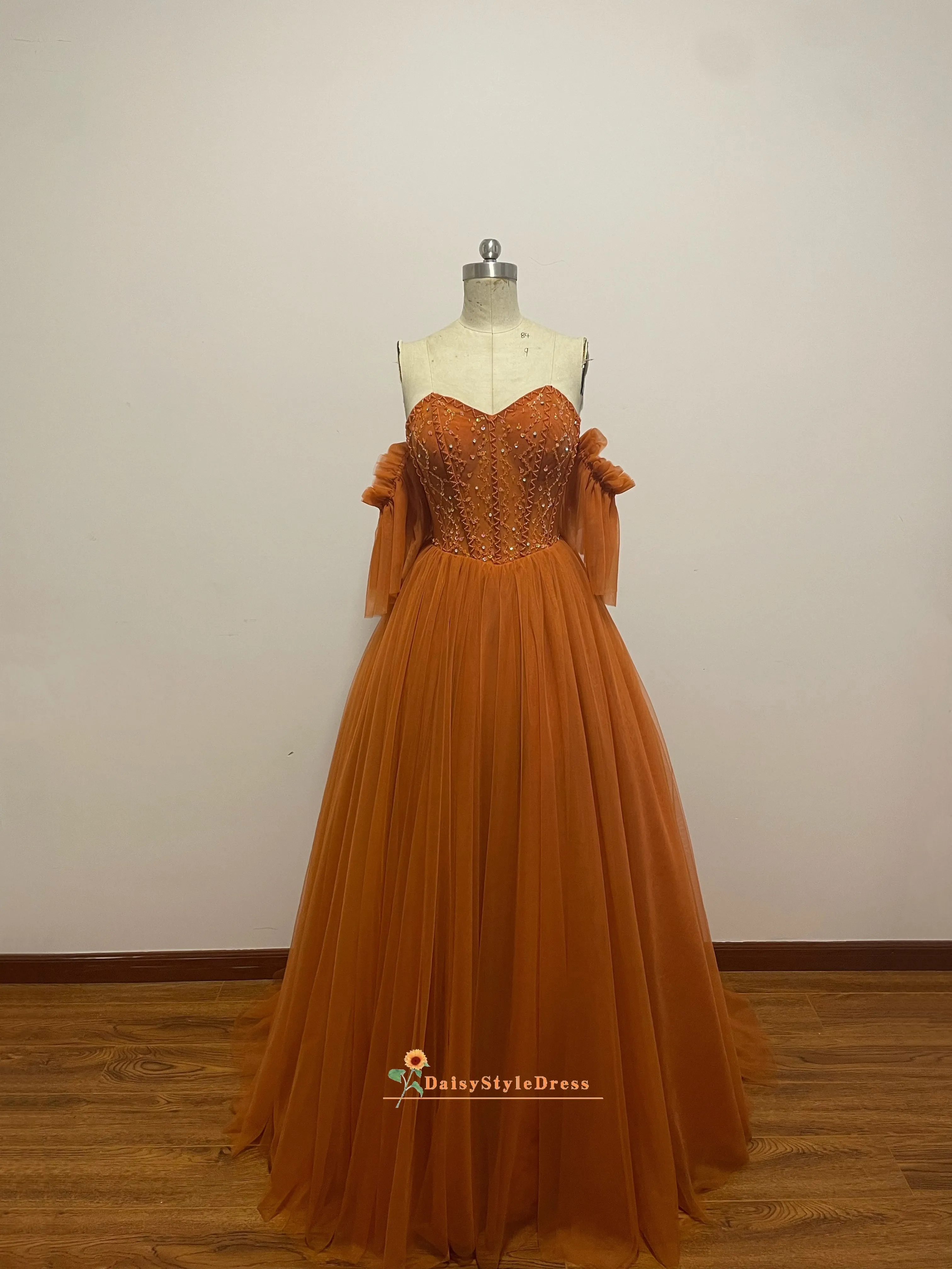 Detachable Sleeve Ball Gown Coffee Brown Prom Dress