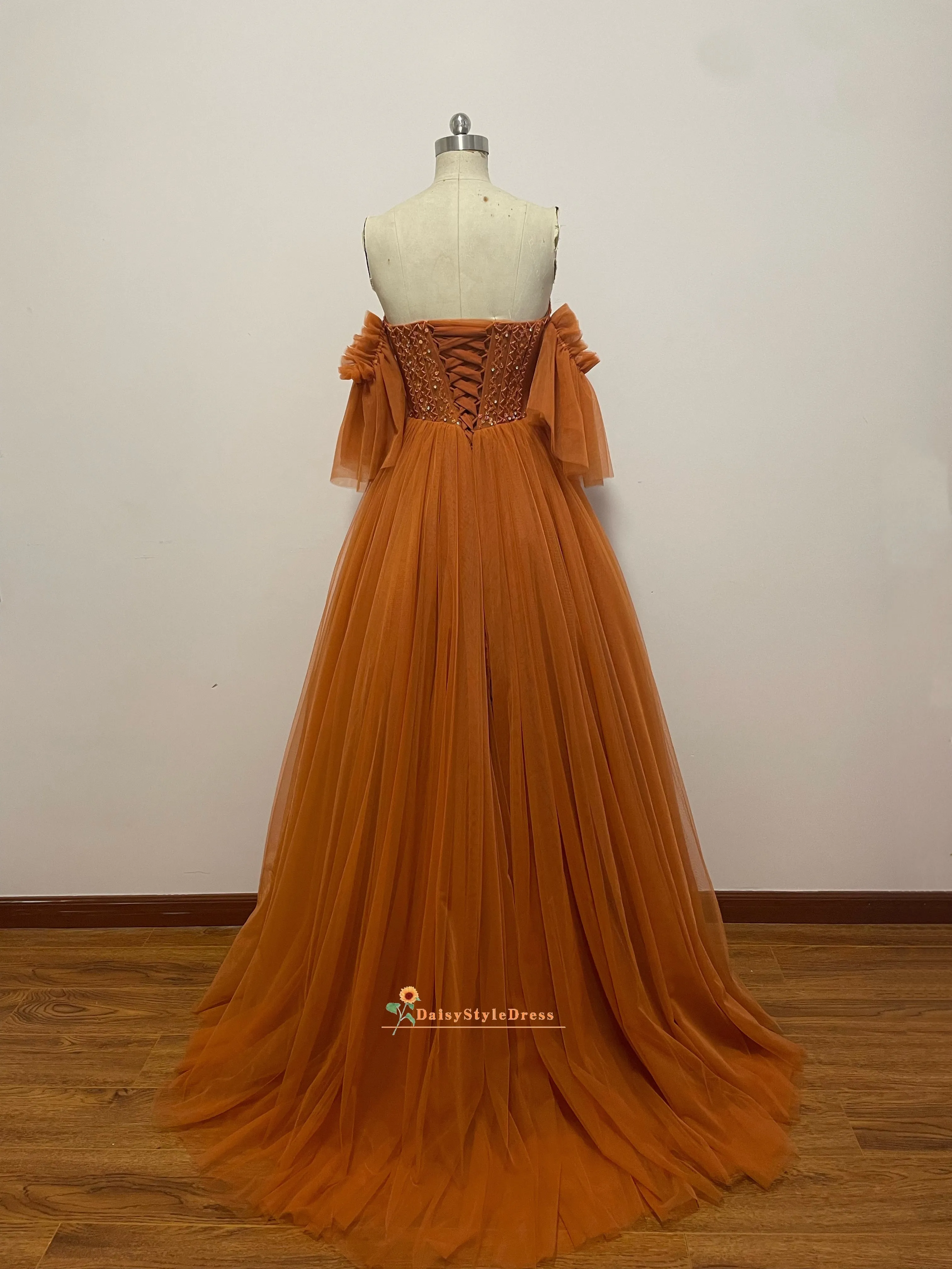 Detachable Sleeve Ball Gown Coffee Brown Prom Dress