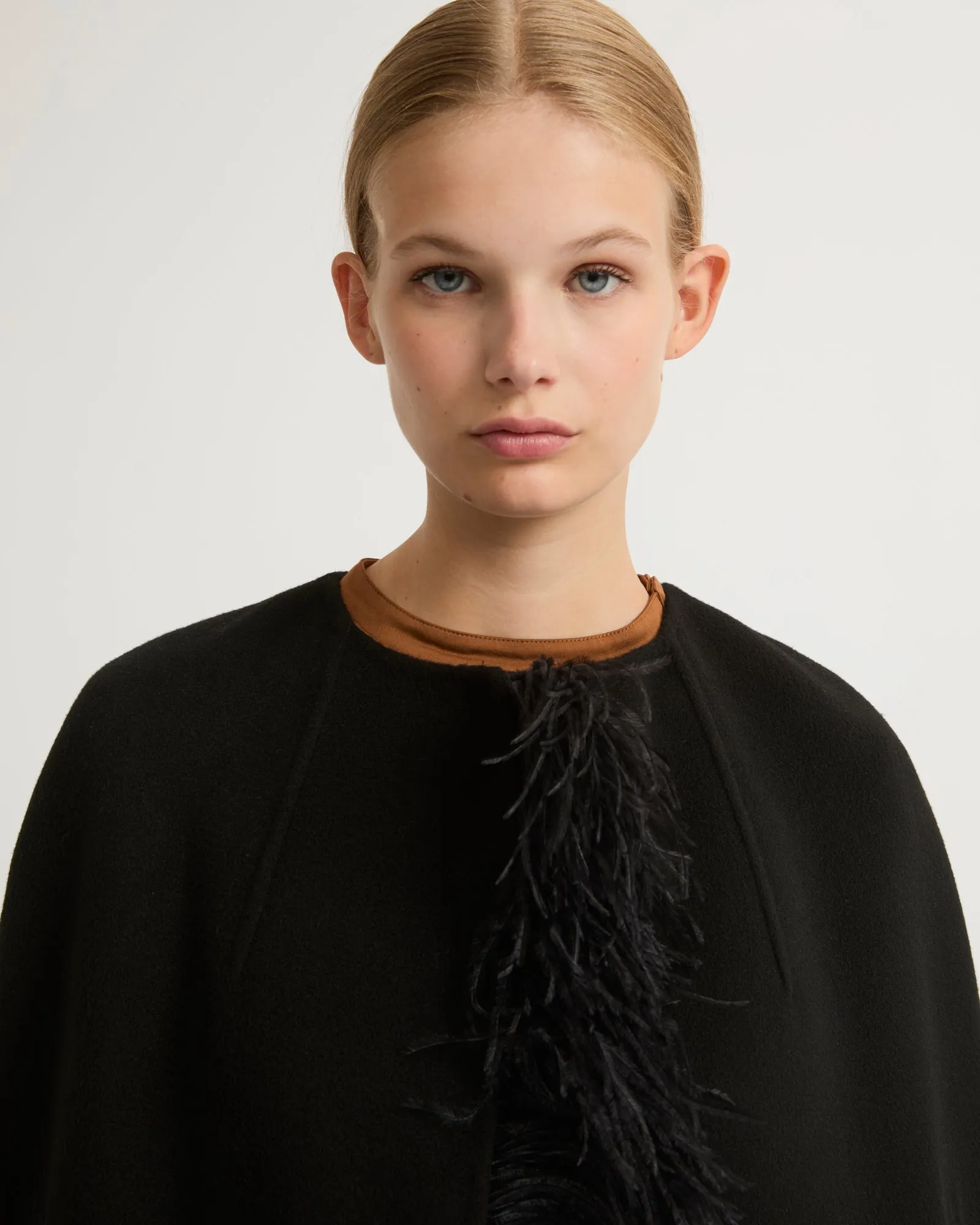 Double-sided cashmere blend maxi cape with feather details