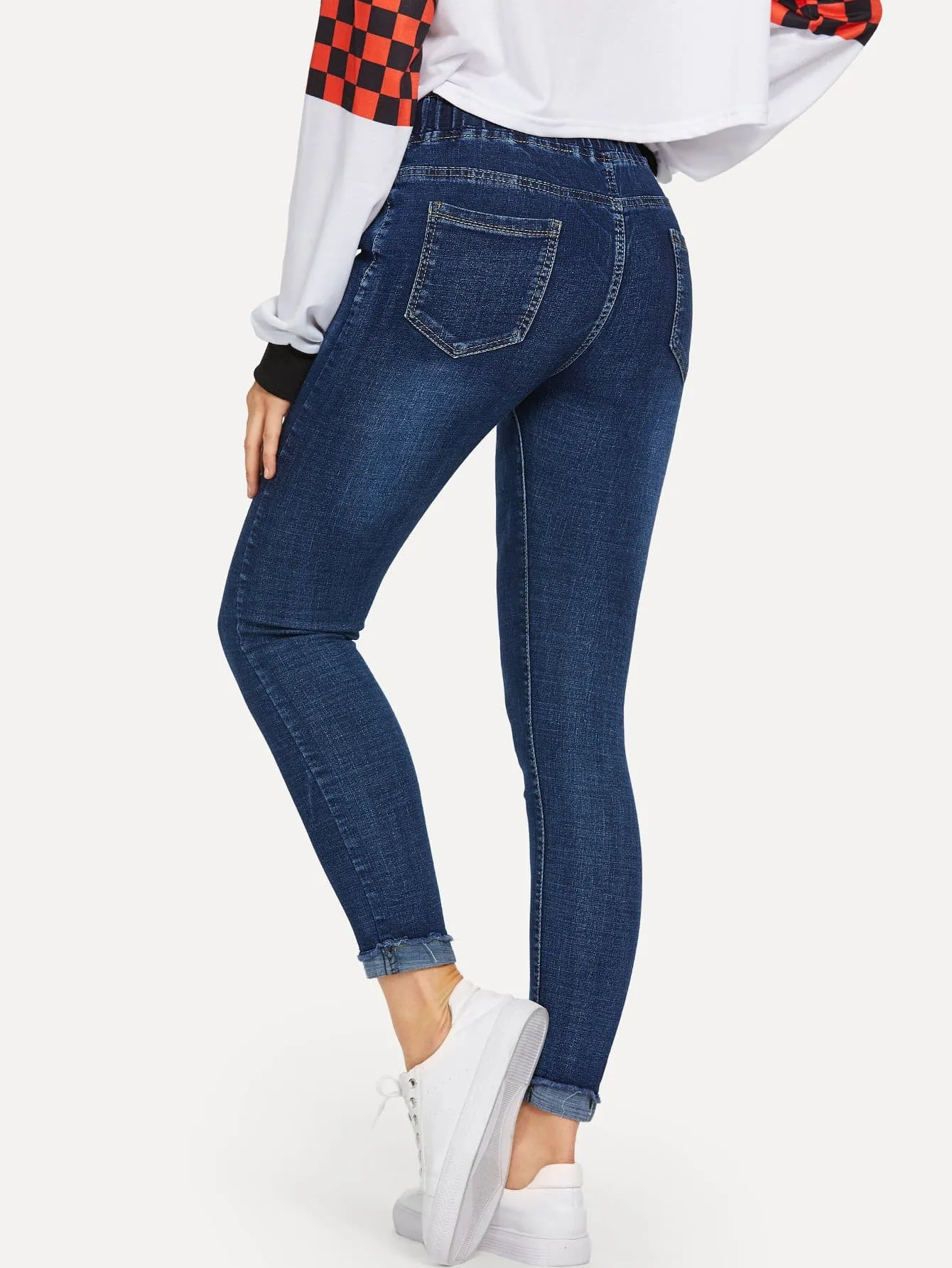 Drawstring Waist Raw Hem Skinny Crop Jeans