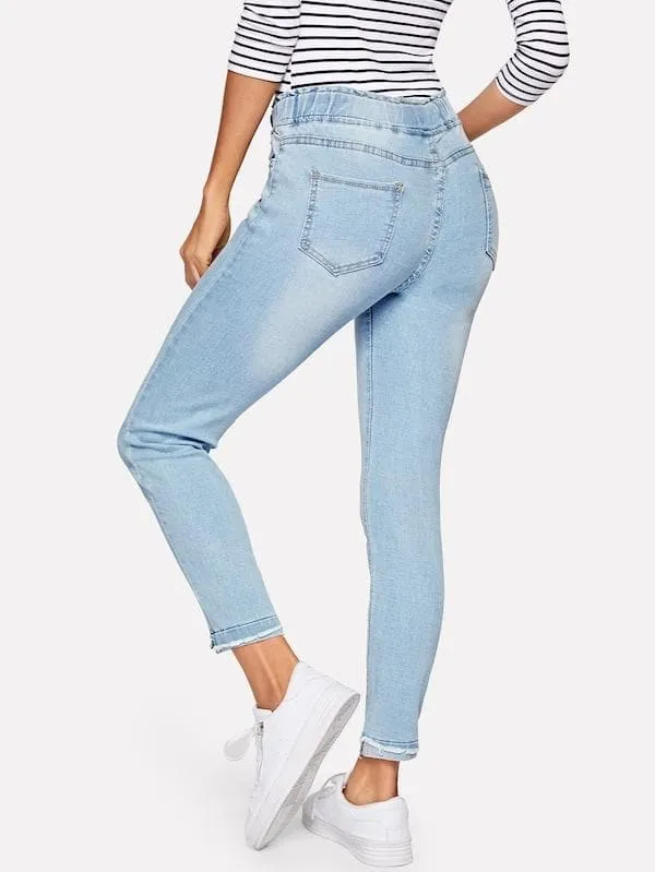 Drawstring Waist Raw Hem Skinny Crop Jeans