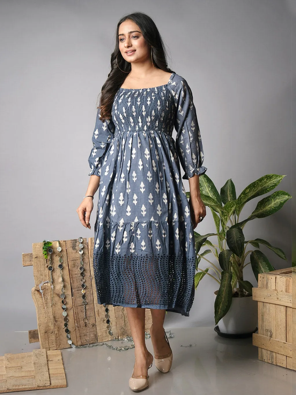 Ekisha's women printed grey cotton shiffli midi dress