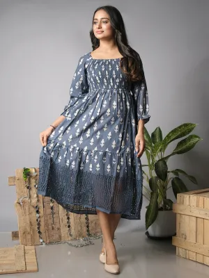 Ekisha's women printed grey cotton shiffli midi dress