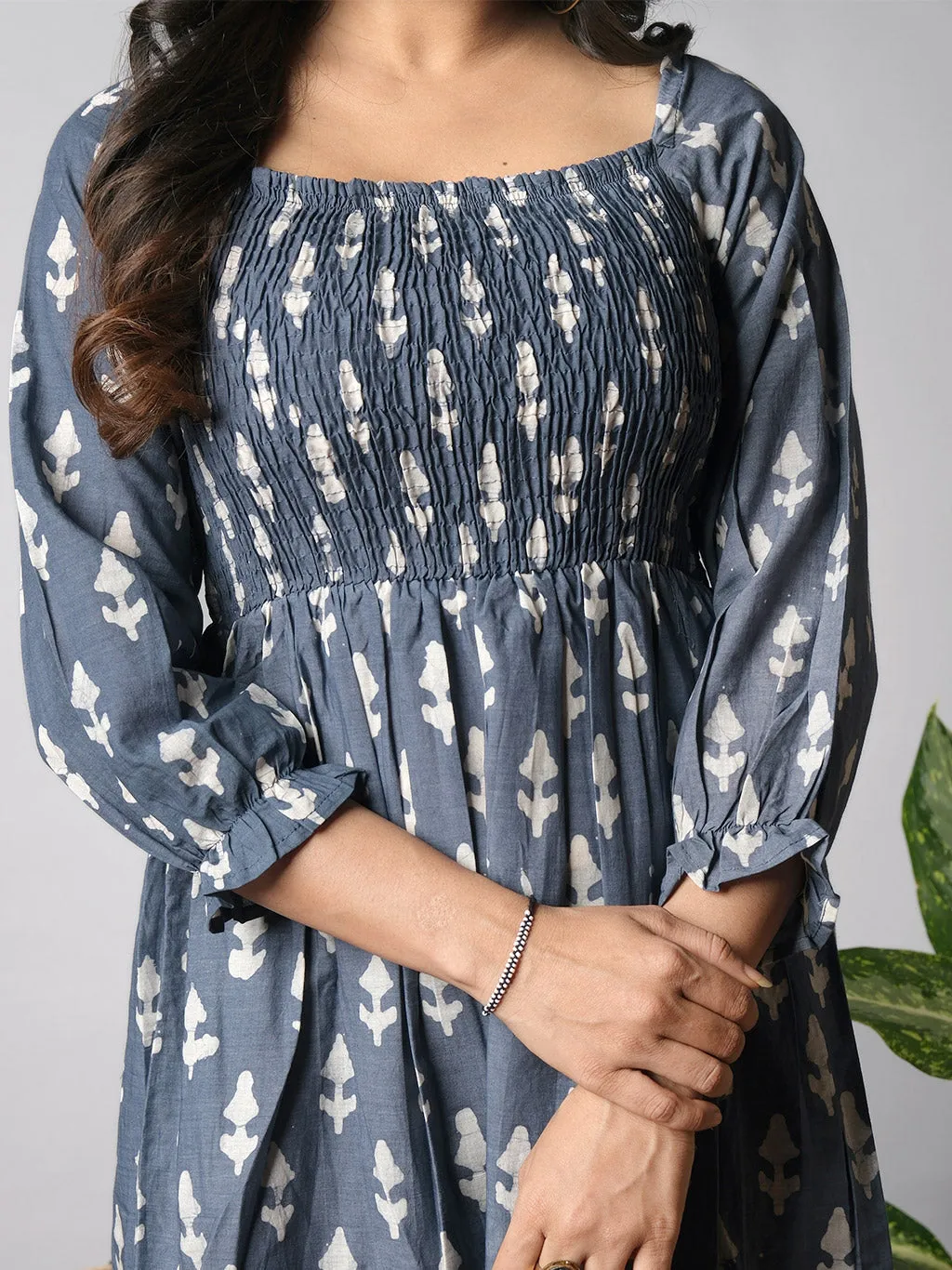 Ekisha's women printed grey cotton shiffli midi dress