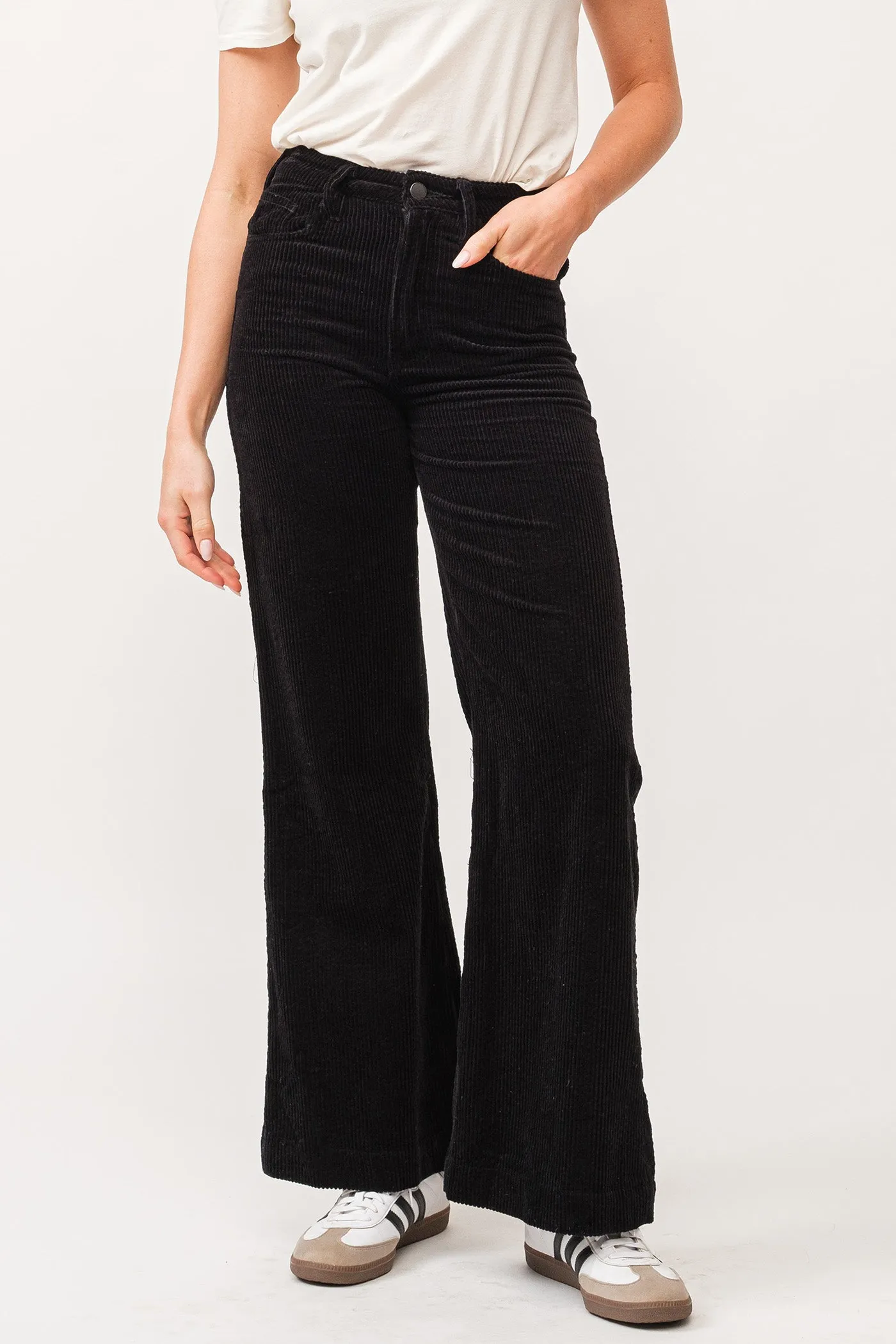 FIONA HIGH RISE CLEAN HEM WIDE LEG PANTS BLACK CORDUROY