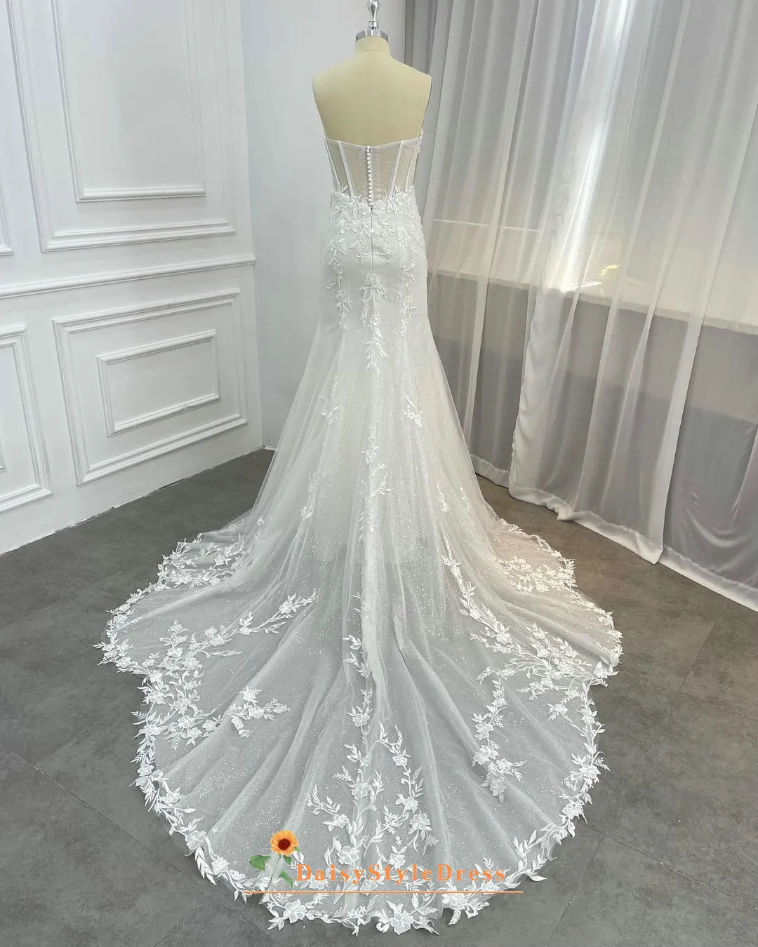 Fit and Flare Sparkle Sheer Lace Wedding Dress