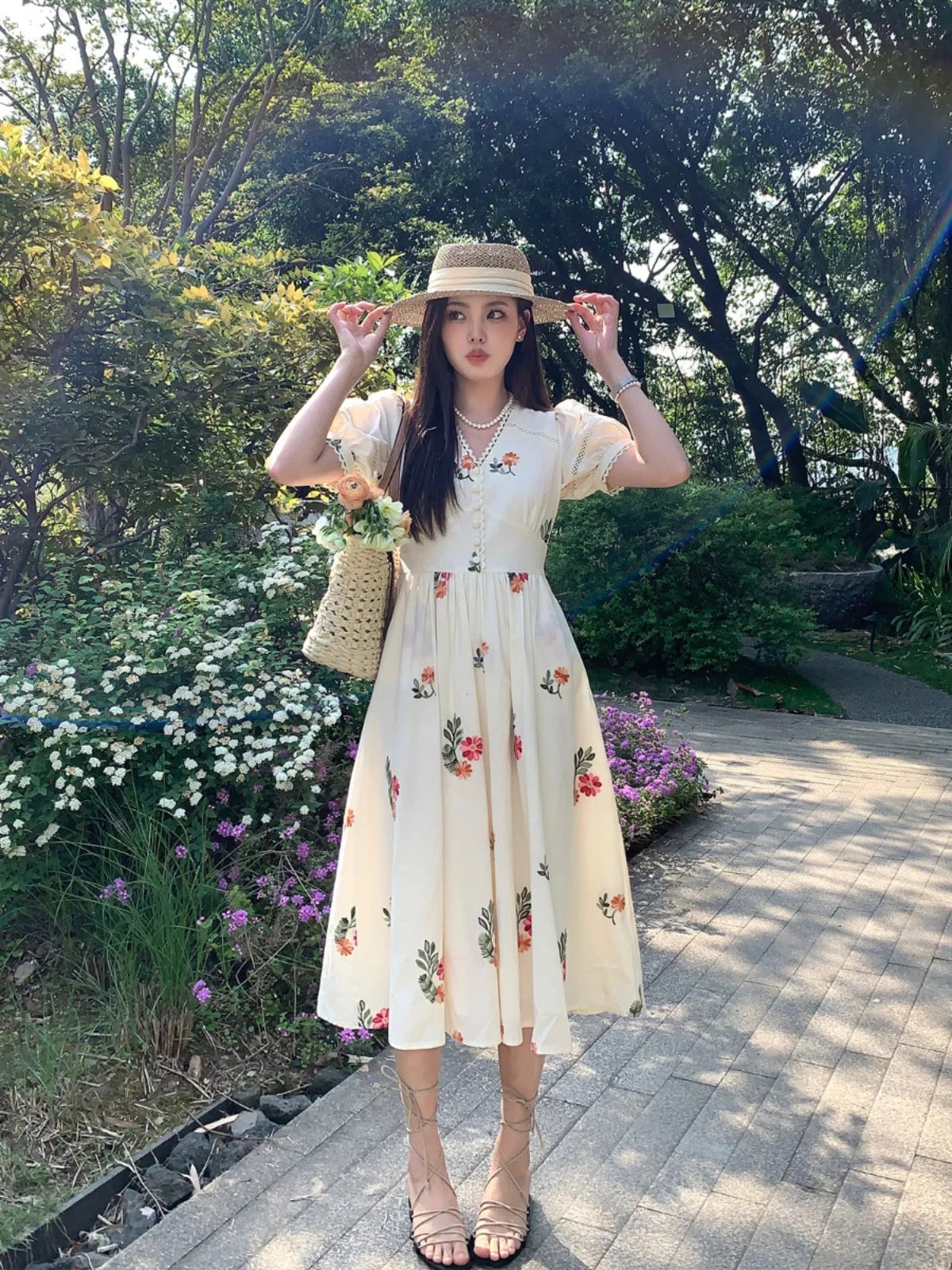 Flora French V neck Summer Tea Length Swing Dress