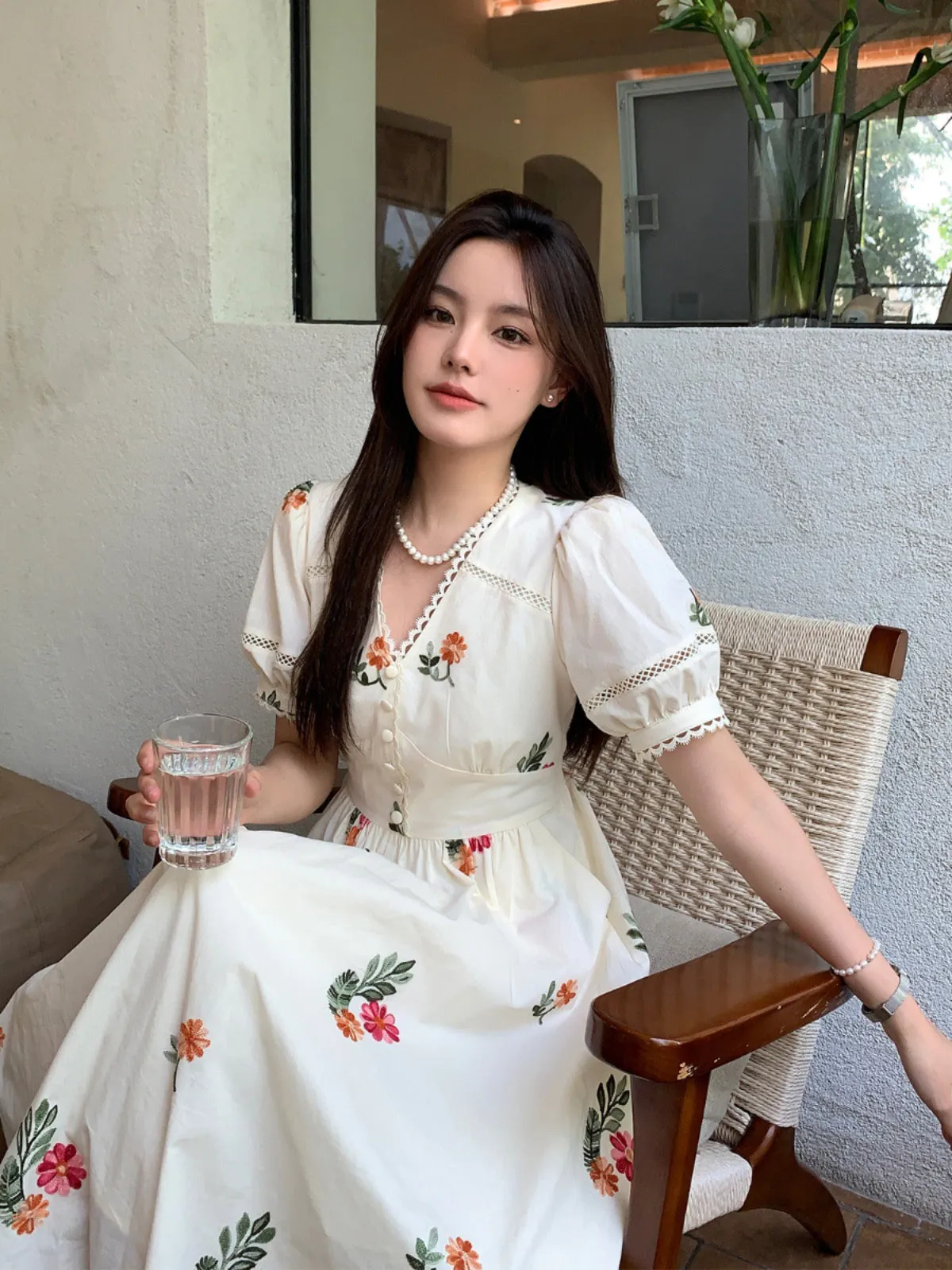 Flora French V neck Summer Tea Length Swing Dress