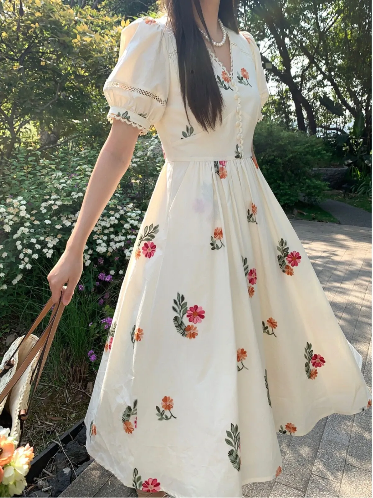 Flora French V neck Summer Tea Length Swing Dress
