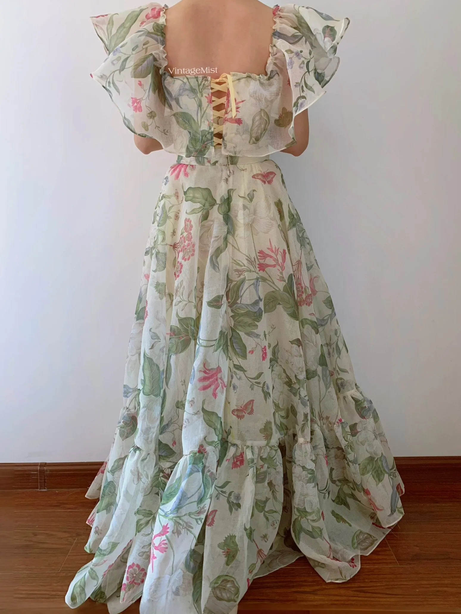 Floral Botanical Fairy Corset Top Maxi Skirt Two Piece Set