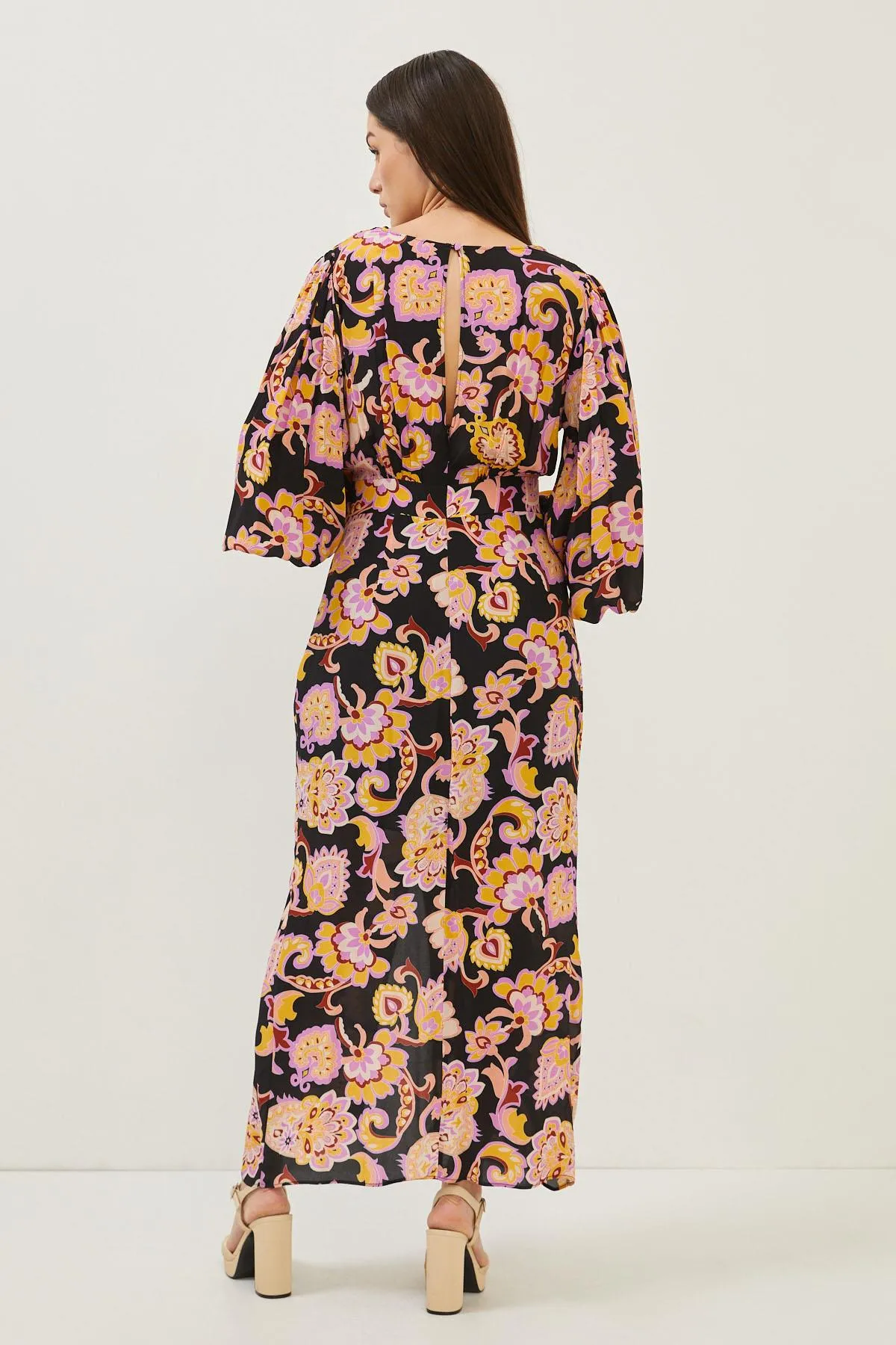 Floral Print Black Balloon Sleeve Front Slit Maxi Dress
