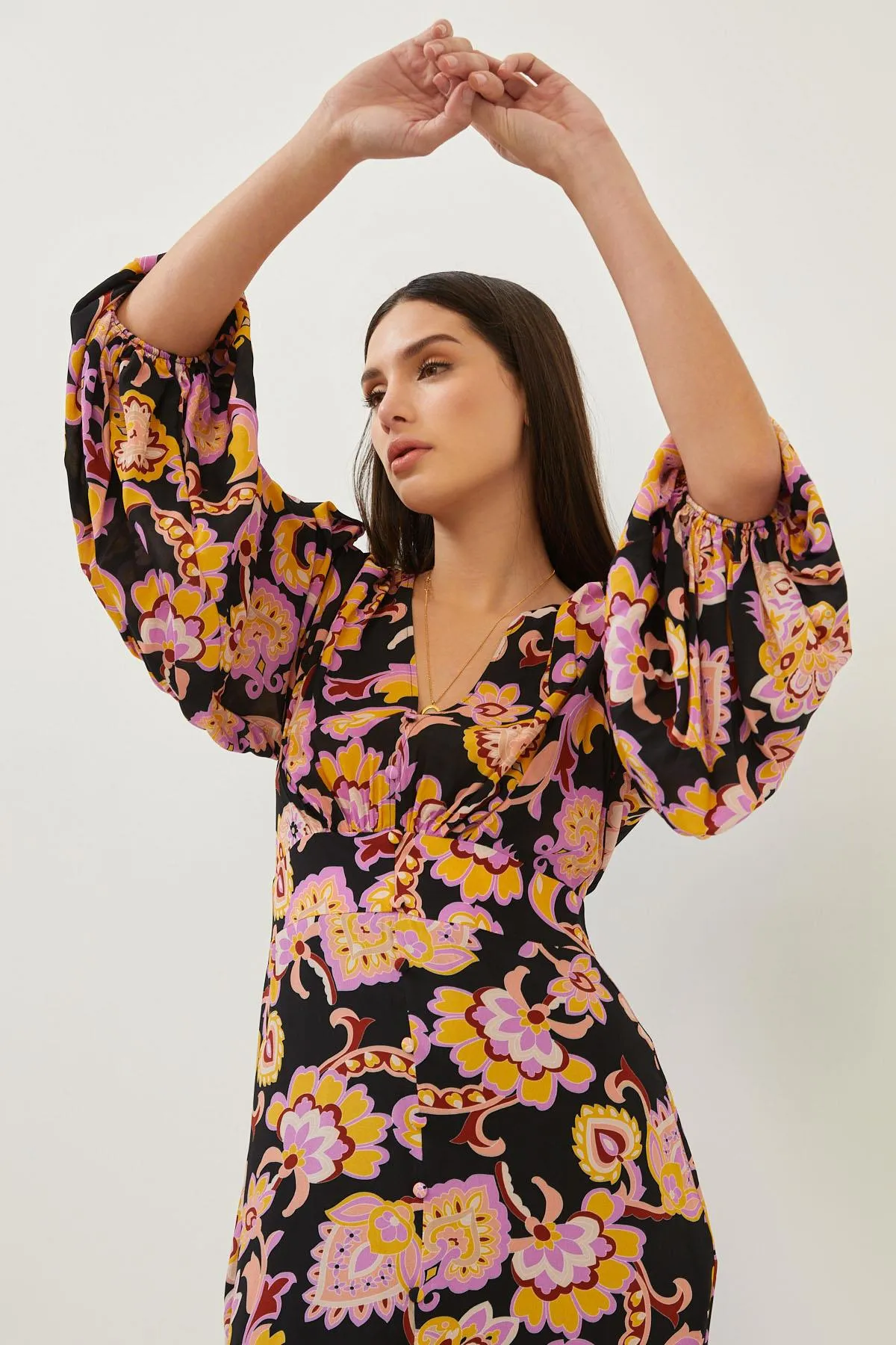 Floral Print Black Balloon Sleeve Front Slit Maxi Dress
