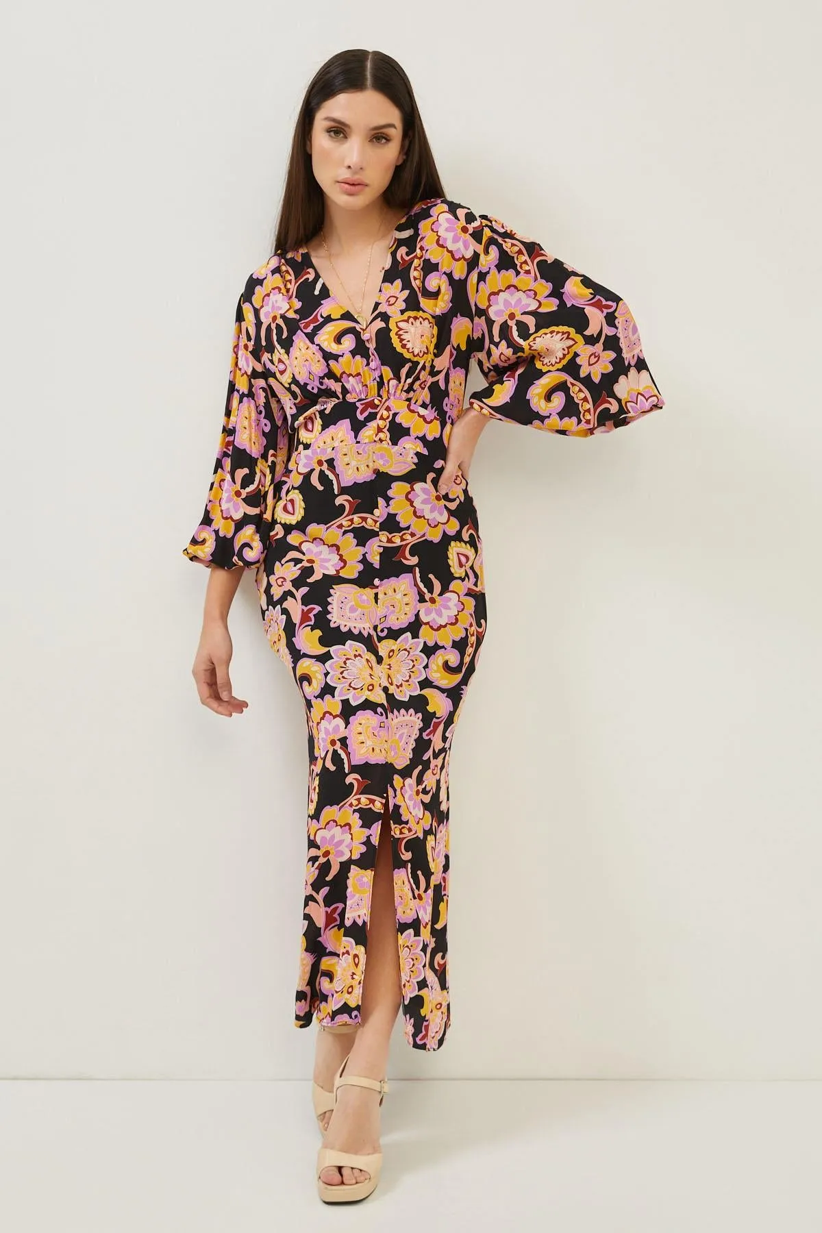 Floral Print Black Balloon Sleeve Front Slit Maxi Dress