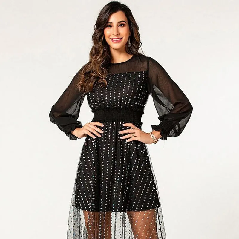 hot puff lantern long sleeve sequin tulle contrast chiffon autumn dress ladies round neck trendy dress