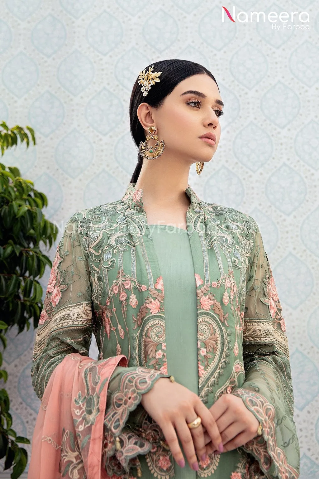HSY Pakistani Gown Dress in Pistachio Color #PF109