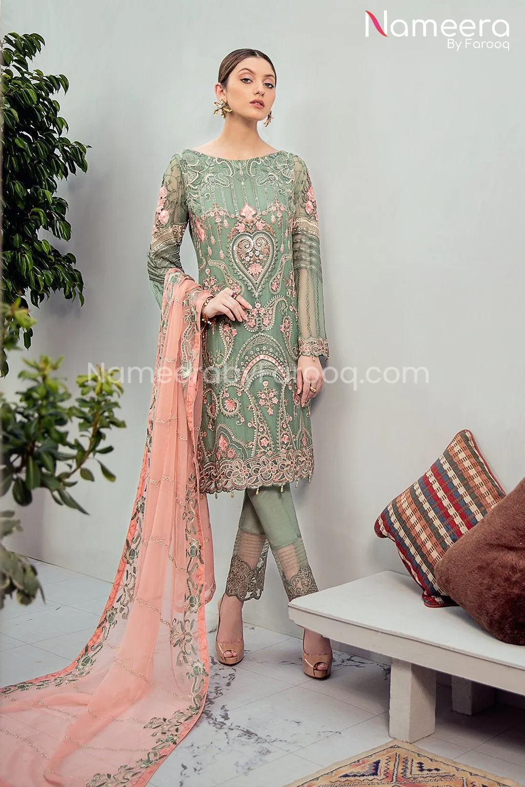 HSY Pakistani Gown Dress in Pistachio Color #PF109