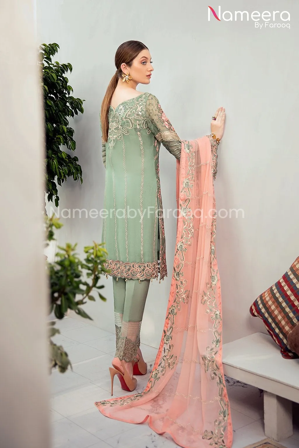 HSY Pakistani Gown Dress in Pistachio Color #PF109