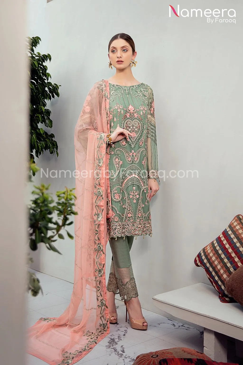 HSY Pakistani Gown Dress in Pistachio Color #PF109