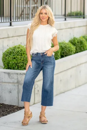 Judy Blue Wide Crop High Waist Embroidered Pocket Jeans