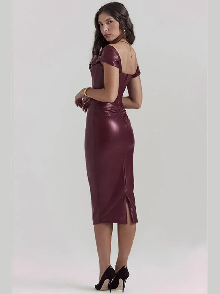 Kelly Wine Red Strapless Backless PU Leather Midi Dress