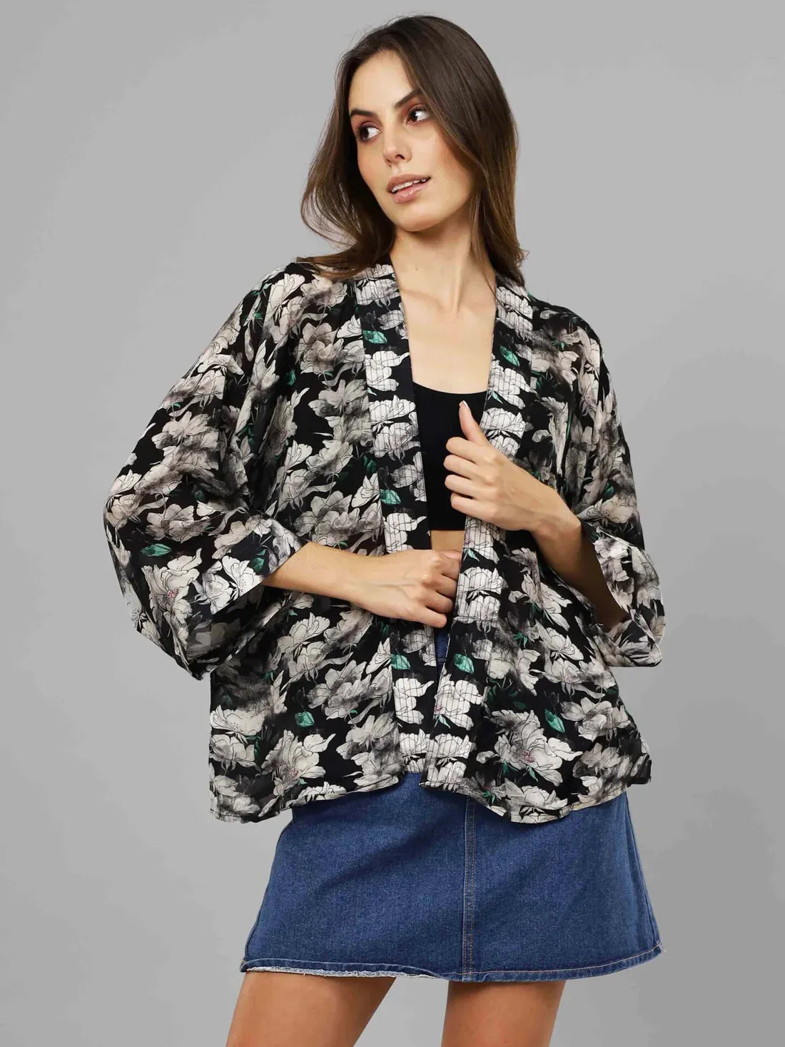 Kimono Short: Grey Floral