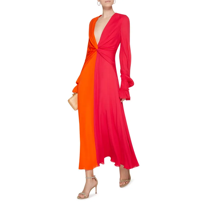 knot design smocking sleeve long sexy clothes women deep V-neck dress
