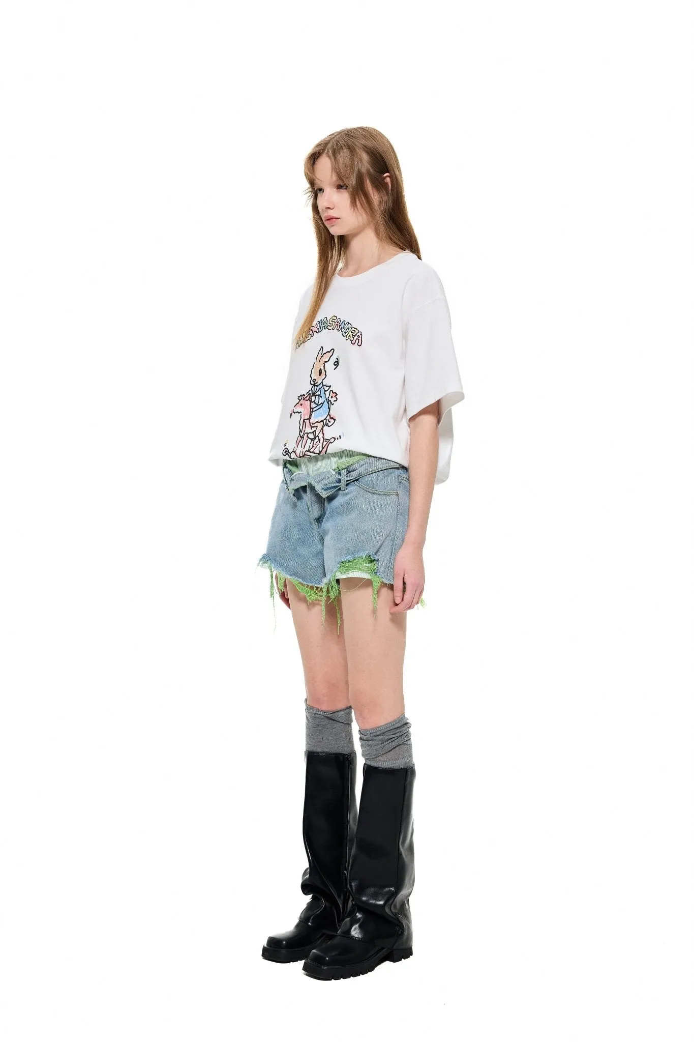 Layered Waist Denim Shorts in Blue