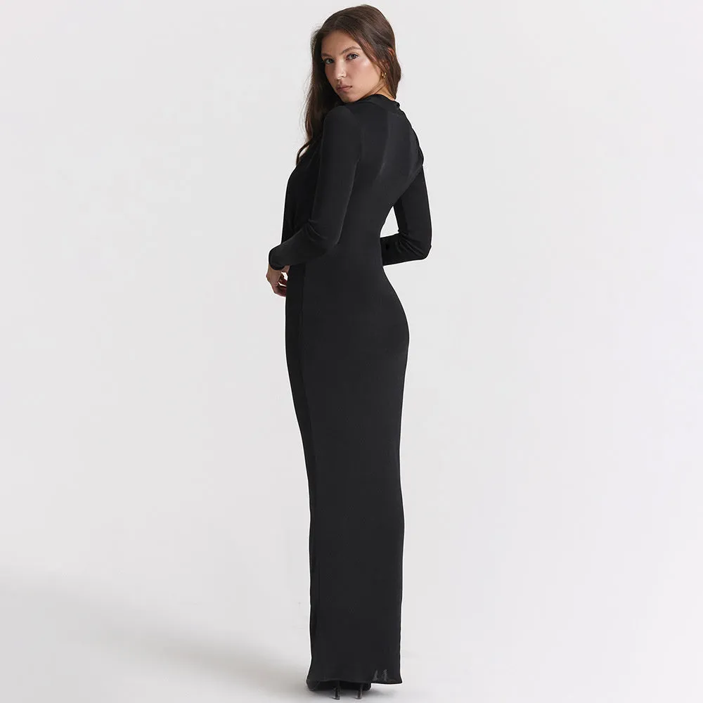 Leila Black Deep V Neck Sexy Maxi Dress
