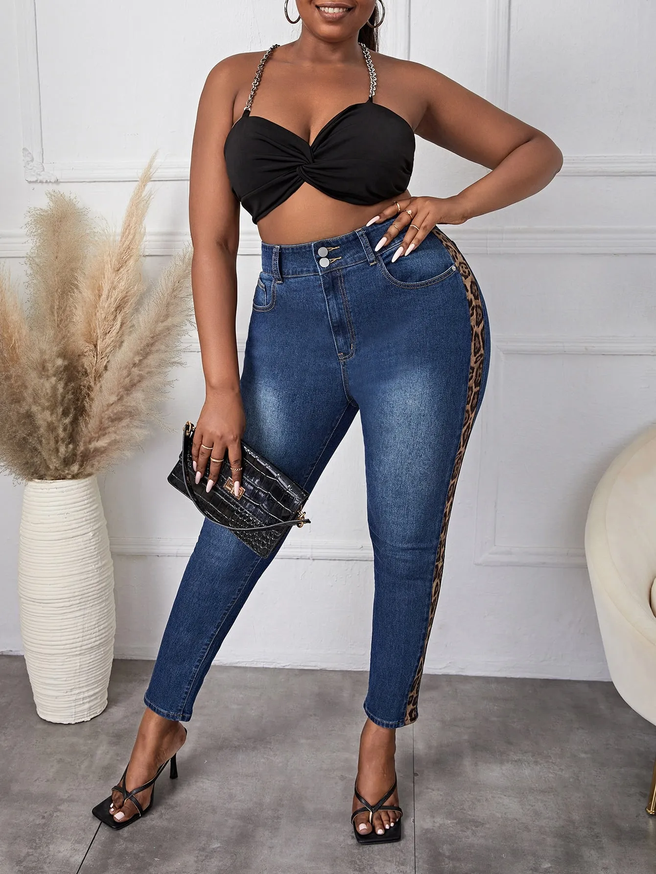 Leopard Zipper High Waist Cropped Plus Size Jeans